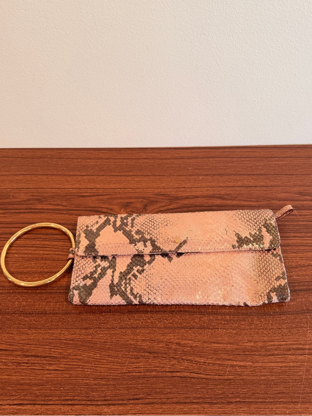 Kate Spade Pink Snake-Print Wristlet Clutch with Gold Ring